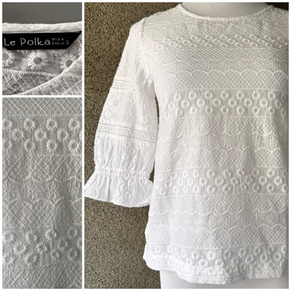 “Le Polka” White Cotton Eyelet Embroidered Blouse Top - Picture 1 of 11